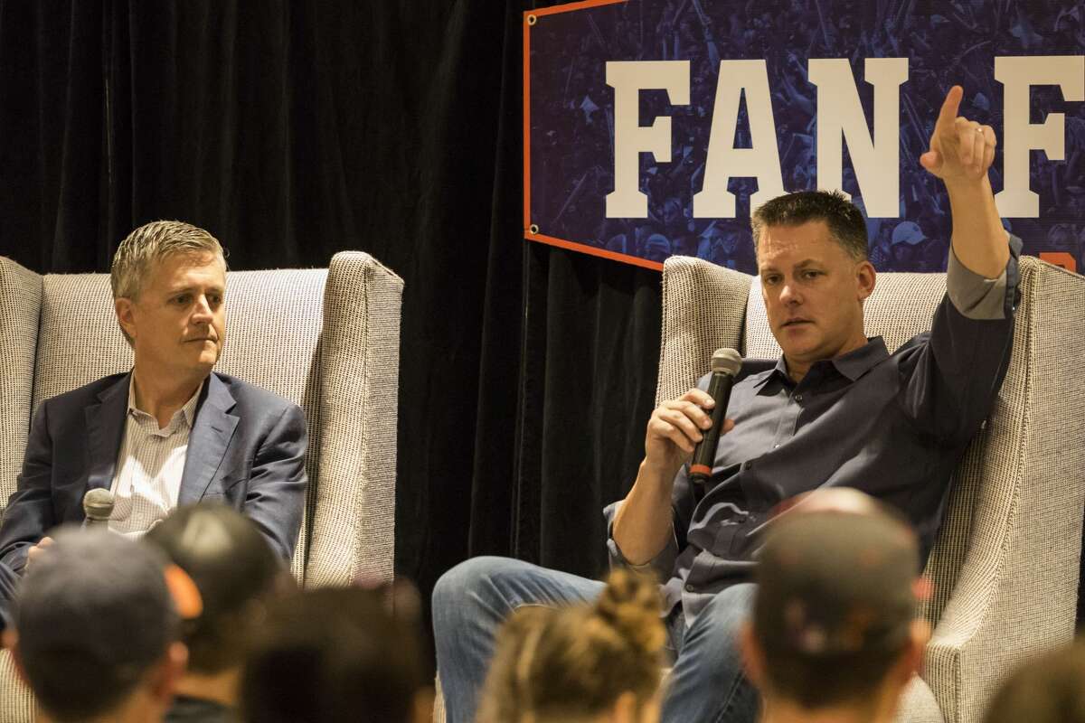 Astros' general manager Jeff Luhnow (left) and manager A.J. Hinch answer questions during the Fan Forum in the Diamond Club during Astros Fan Fest at Minute Maid Park on Saturday, Jan. 21, 2017, in Houston. ( Joe Buvid / For the Chronicle )