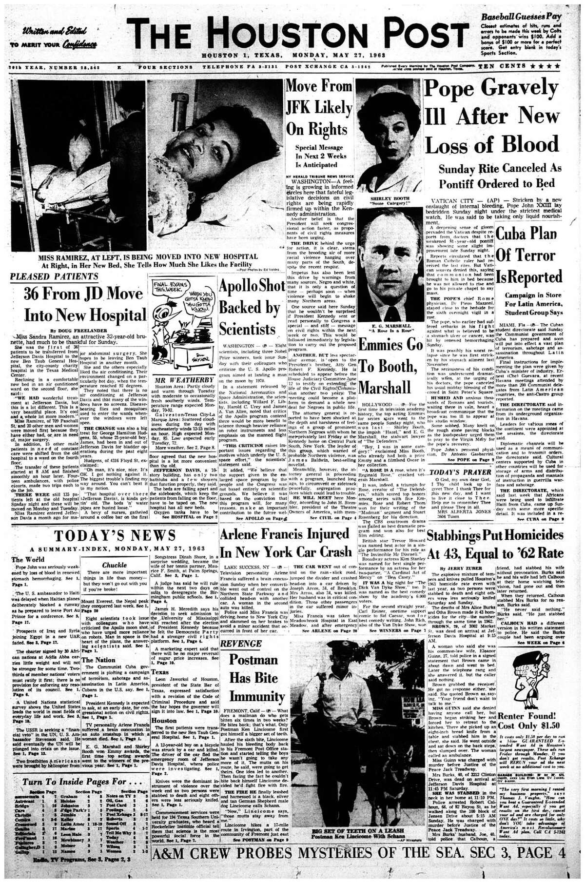 Houston Post front page: May 27, 1963 - section 1, page 1. PLEASED PATIENTS 36 From JD Move Into New Hospital (Ben Taub Hospital)