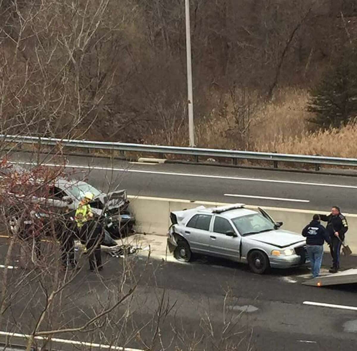 A State Police cruiser was involved in a two-car crash on northbound Route 7 in Brookfield on Monday, Jan. 23, 2017. State police say the cruiser was hit after the tropper stopped to assist a disabled vehicle.
