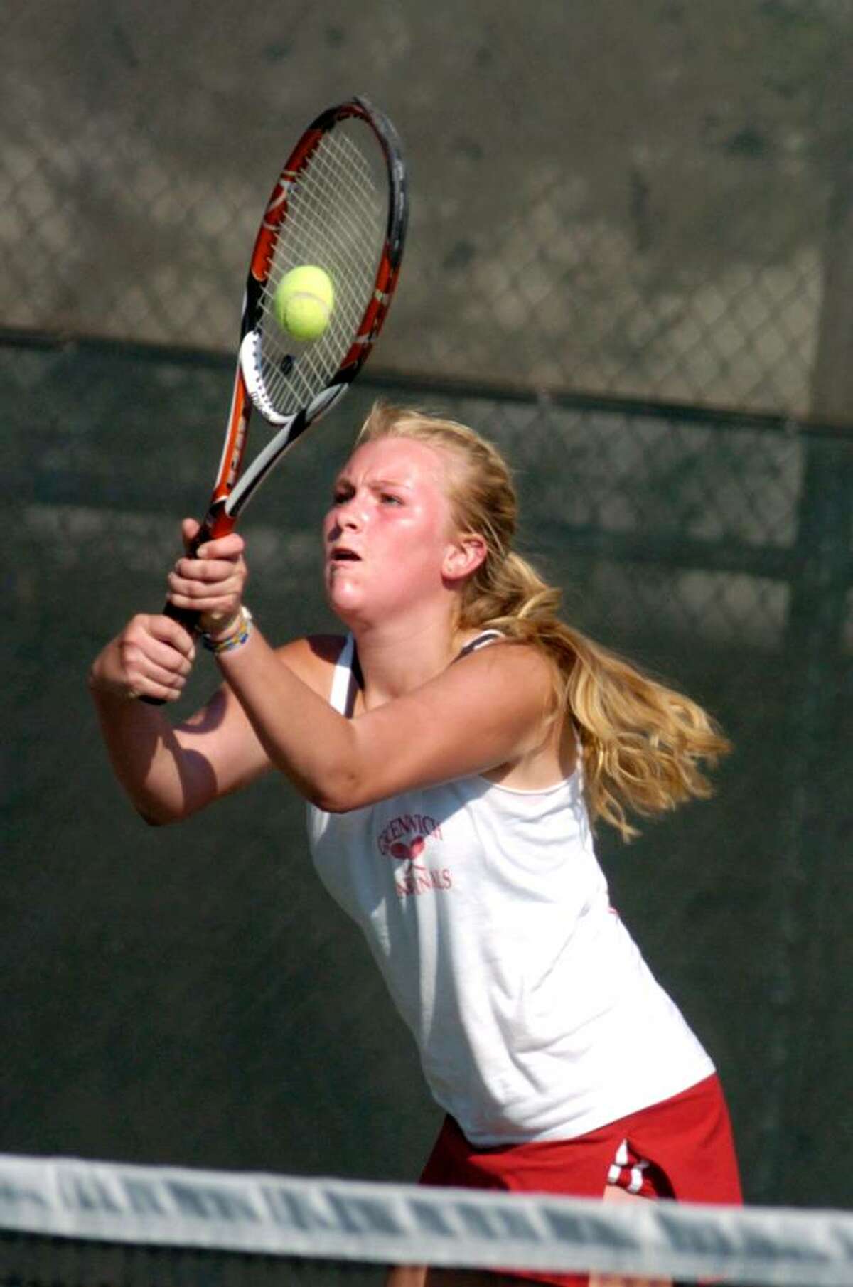 Anna Sweeney of Greenwich High School during her doubles match against New Canaan High School, at Wilton High School for the FCIAC Championship, Wednesday, May 26, 2010.