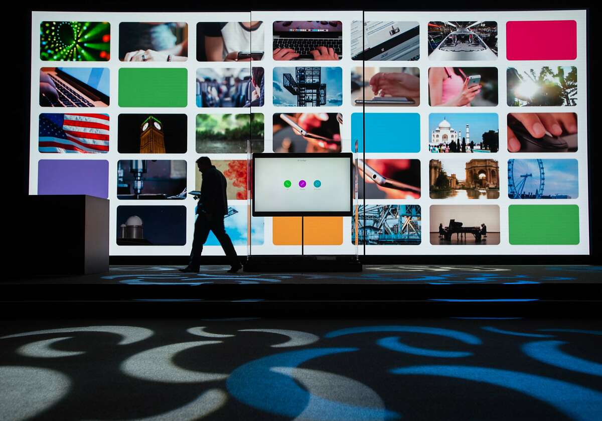 A stage is seen where the new Cisco Spark Board, a digital whiteboard with cloud-based interactive video conference functions, is introduced during a Cisco event in San Francisco, California on January 24, 2017