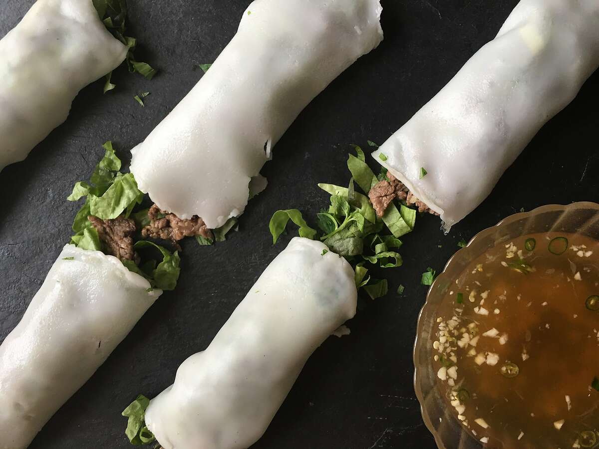 This recipe, from Andrea Nguyen's "The Pho Cookbook" (Ten Speed Press) features freshly-made rice noodle sheets that are filled with thin strips of beef, along with lettuce, mint and cilantro.
