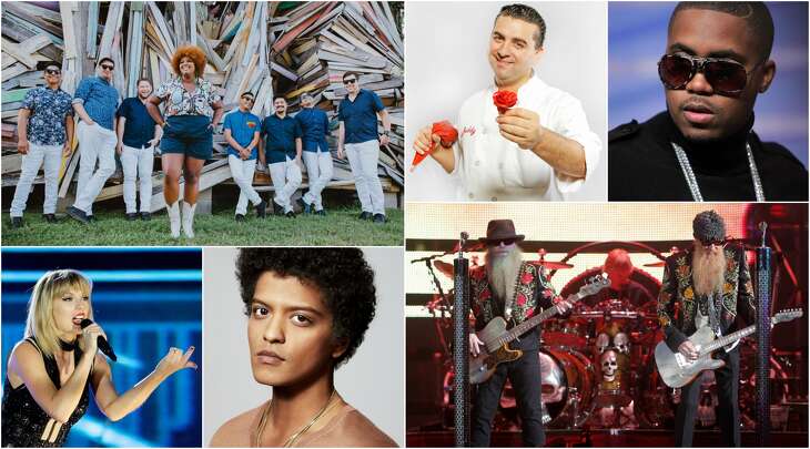 Clockwise: The Suffers, "Cake Boss" Buddy Valastro, Nas, Taylor Swift, Bruno Mars, and ZZ Top are among the performers set for the Super Bowl extravaganza.&nbsp;