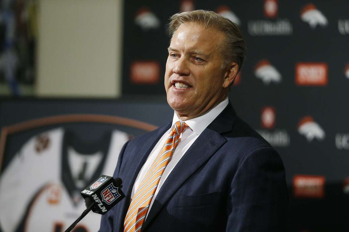 Denver Broncos general manager John Elway speaks during a retirement announcement for quarterback Peyton Manning at team headquarters Monday, March 7, 2016, in Englewood, Colo. Manning, who has been in the NFL for the past 18 years, is retiring after winning five MVP trophies and two Super Bowl championships, the most recent last month against the Carolina Panthers. (AP Photo/David Zalubowski)