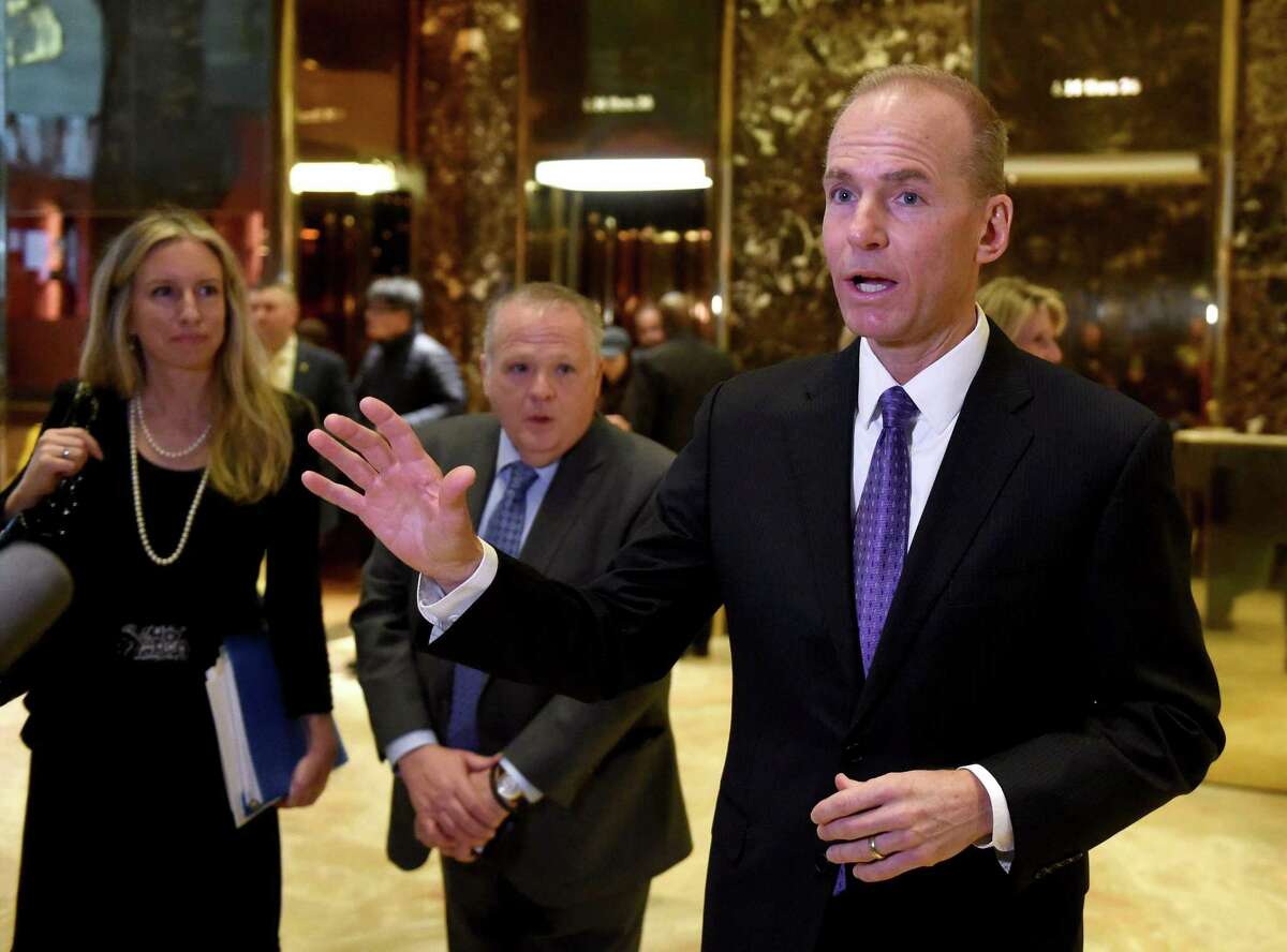 (FILES) This file photo taken on January 17, 2017 shows Boeing CEO Dennis Muilenburg talking to the press after meeting with US President-elect Donald Trump at Trump Tower in New York. Boeing projected January 25, 2017 higher commercial aircraft deliveries in 2017 compared with last year as it reported a 59 percent jump in fourth-quarter earnings to $1.6 billion. / AFP PHOTO / TIMOTHY A. CLARYTIMOTHY A. CLARY/AFP/Getty Images