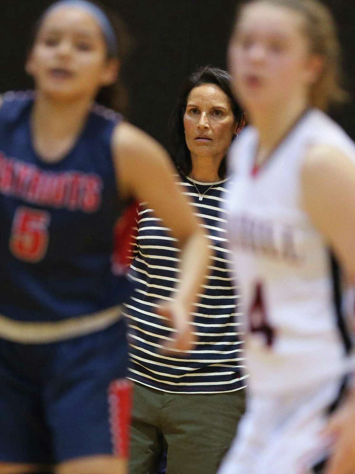 Veterans Memorial junior varsity girls basketball coach Christina Camacho watches action during the game against Churchill on Jan. 20, 2017.