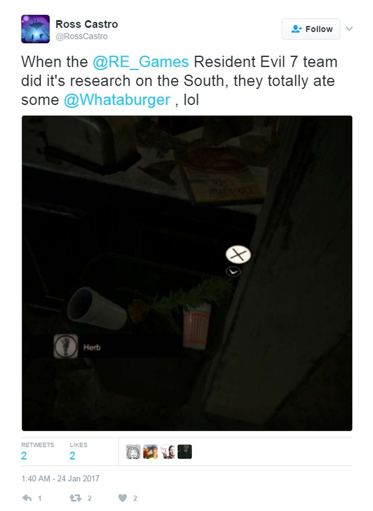 @RossCastro: When the @RE_Games Resident Evil 7 team did it's research on the South, they totally ate some @Whataburger , lol