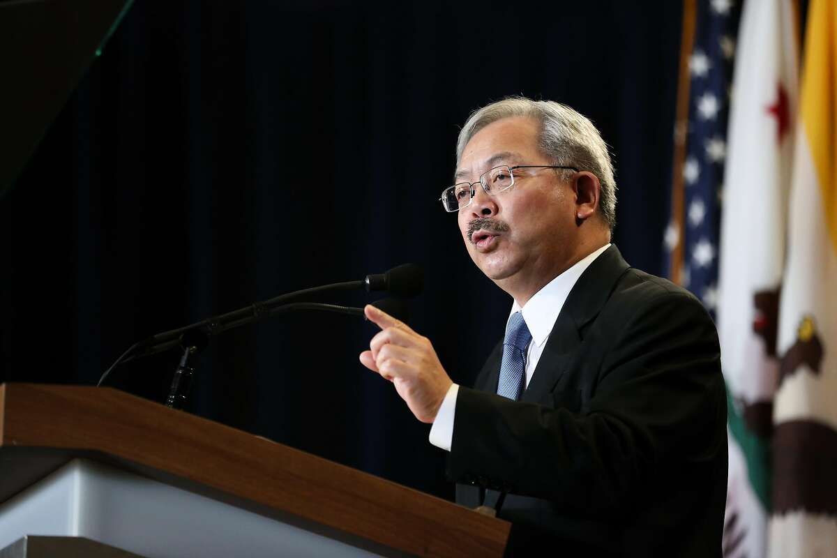 Mayor Ed Lee gives his annual state of the city address on Thursday, January 26, 2017 in San Francisco. City, port and ferryboat officials broke ground Thursday on a $79 million project to build two San Francisco ferry docks that mark a major expansion of water transportation.