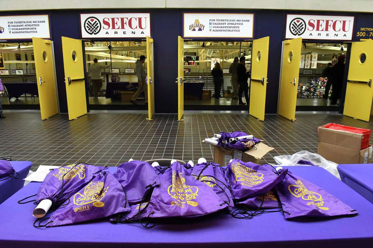 Free goodie bags were given to local elementary students on Education Day at a women's basketball game between University at Albany and Vermont at the SEFCU Arena on Wednesday, Jan. 25, 2017 in Albany, N.Y. (Lori Van Buren / Times Union)