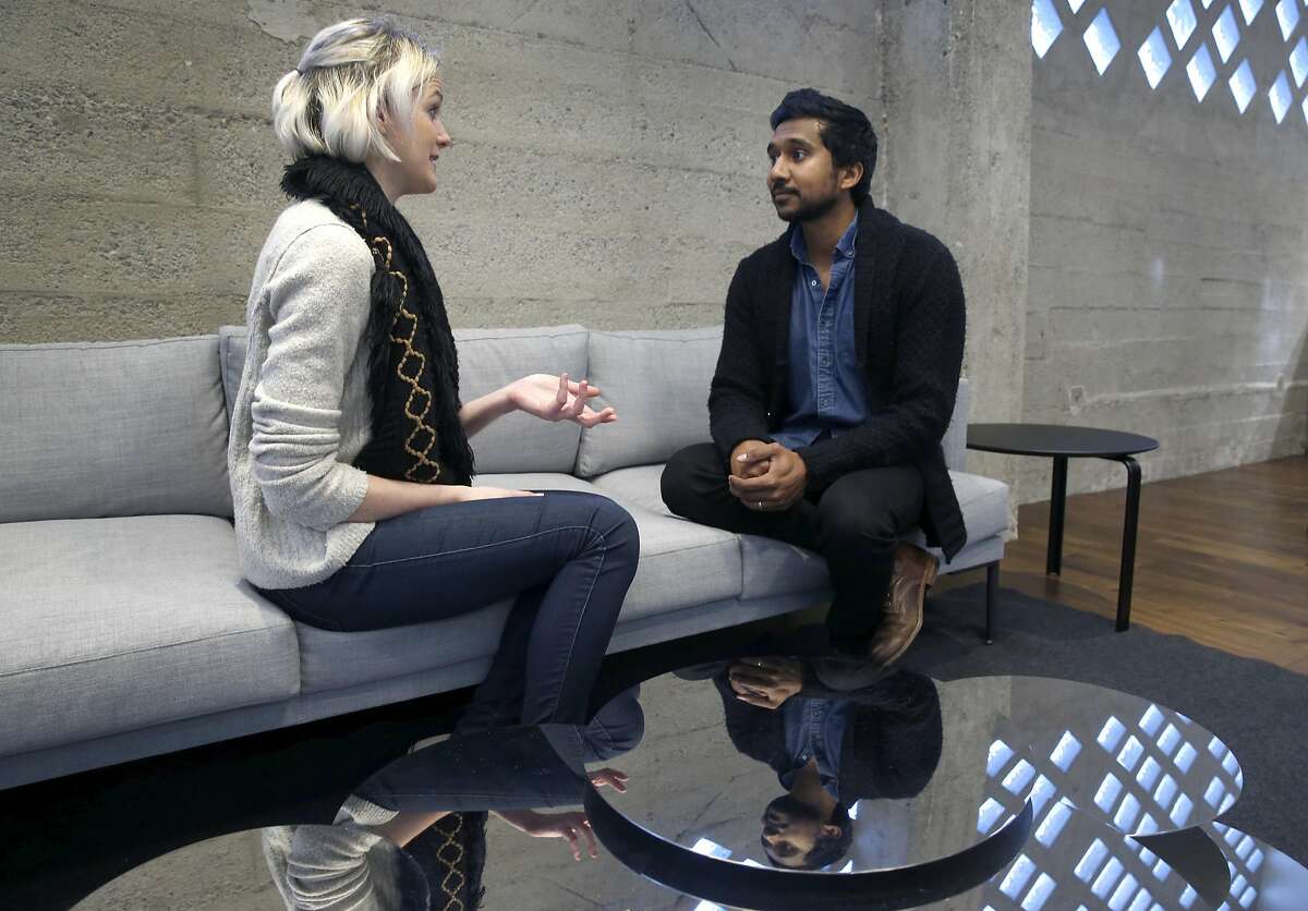 Ryan Panchadsaram (right), a former deputy chief technology officer at the White House, has a meeting with colleague Natalie Gavello, at venture capital firm KPBC, where he now works as a partner, in San Francisco, Calif. on Friday, Jan. 27, 2017.