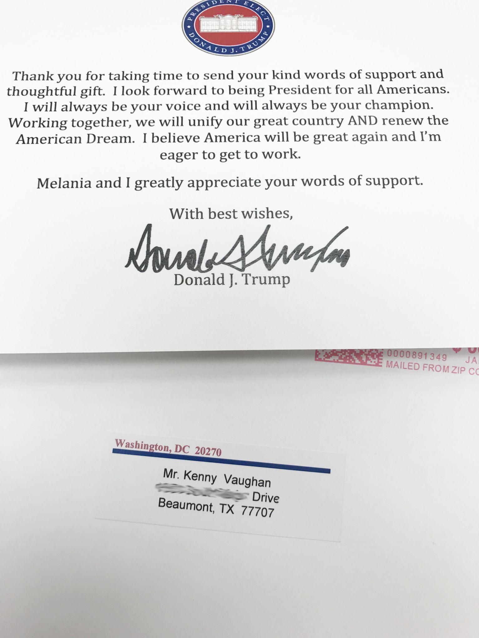 Pres Trump Sends Thank You Note To Local Business Owner