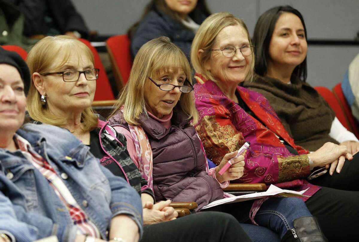 Medea Benjamin (center), co-founder of the women-led peace group CODEPINK and the international human rights group Global Exchange, and Ann Wright (right of Benjamin), a retired U.S. Army colonel and former diplomat who resigned from the U.S. State Department in protest of the invasion of Iraq, speak at the University of the Incarnate Word on Friday night about foreign policy in the Trump era. (Kin Man Hui/San Antonio Express-News)