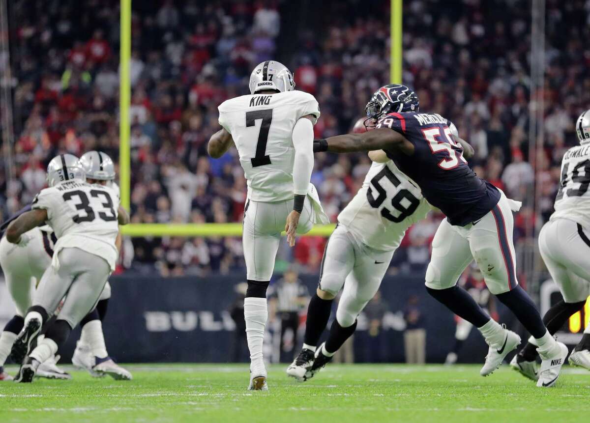 HOUSTON, TX - JANUARY 07: Marquette King #7 of the Oakland Raiders punts during the first half of the AFC Wild Card game against the Houston Texans at NRG Stadium on January 7, 2017 in Houston, Texas.