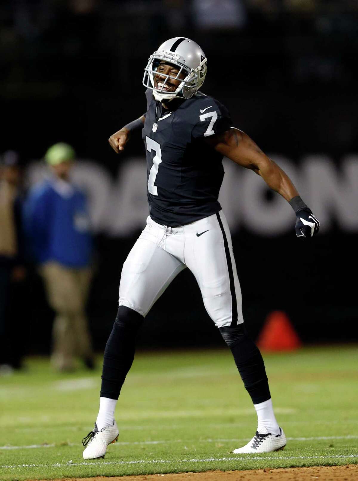 Oakland Raiders' punter Marquette King celebrates a punt downed inside the 10 yard line in 2nd quarter against Seattle Seahawks during NFL preseason game at the Oakland Coliseum in Oakland, Calif., on Wednesday, September 1, 2016.
