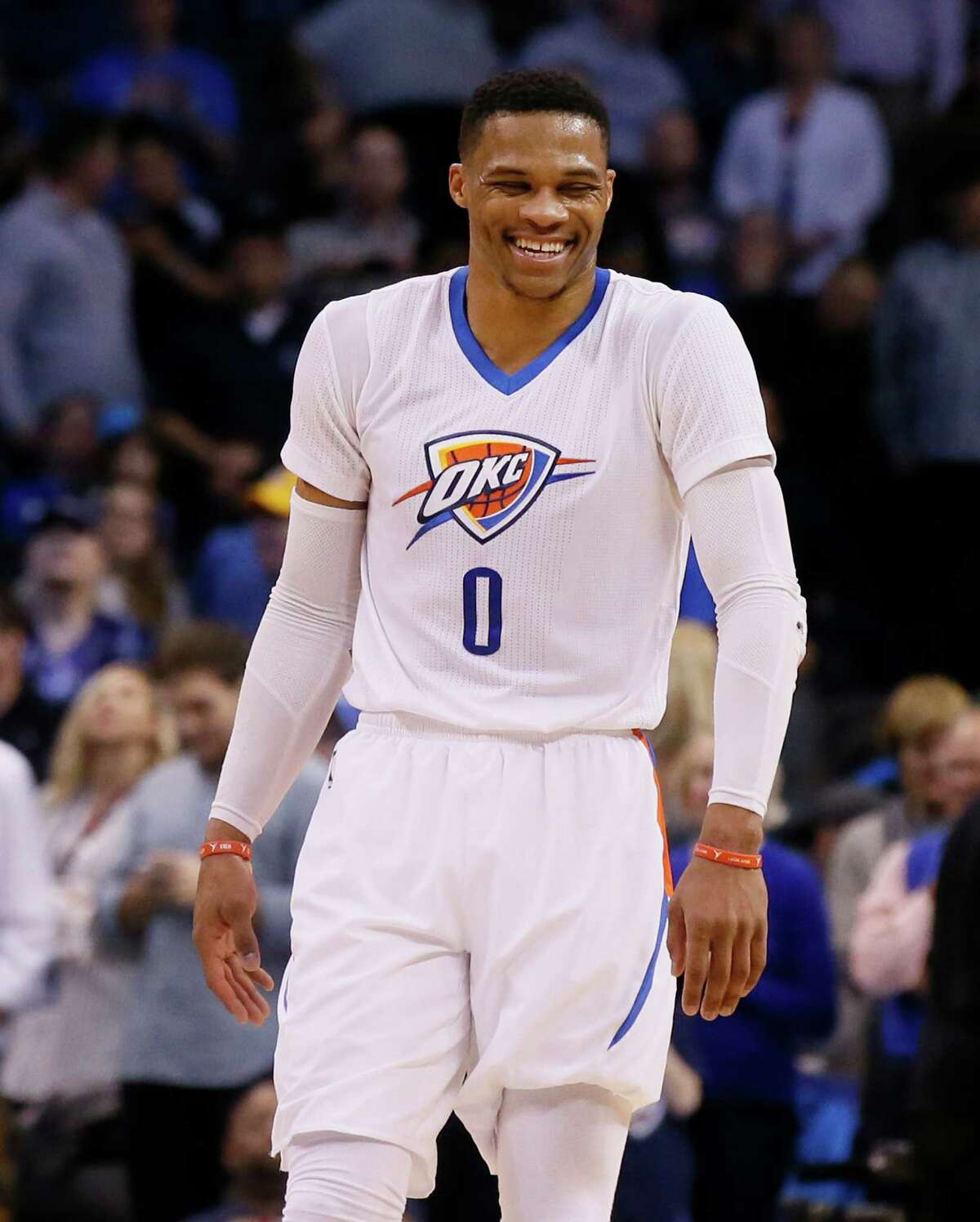 Oklahoma City Thunder guard Russell Westbrook (0) laughs in the fourth quarter of an NBA basketball game against the Dallas Mavericks in Oklahoma City, Thursday, Jan. 26, 2017. Oklahoma City won 109-98. (AP Photo/Sue Ogrocki)