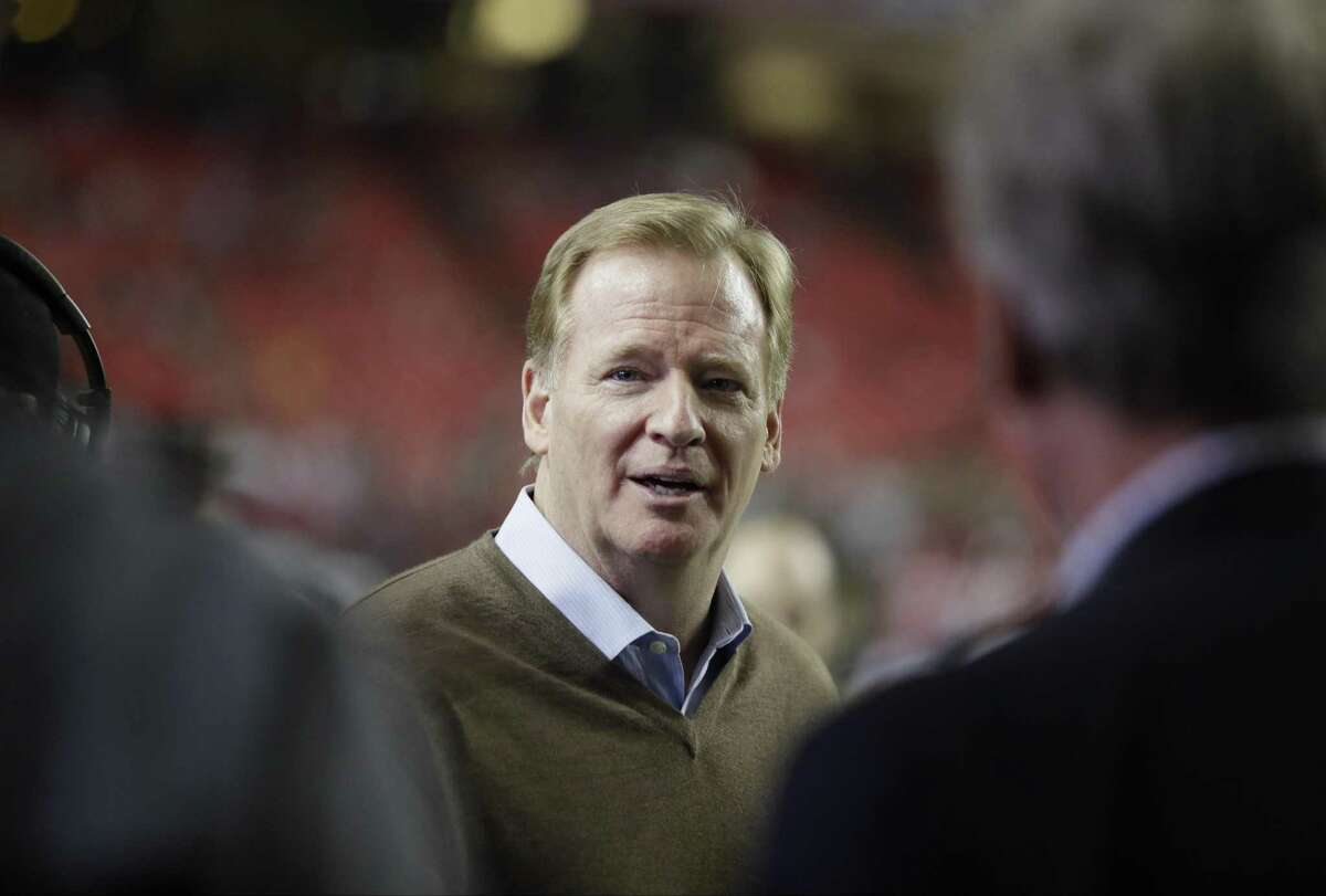 NFL Commissioner Roger Goodell is seen on the field before the NFL football NFC championship game between the Green Bay Packers and the Atlanta Falcons Sunday, Jan. 22, 2017, in Atlanta. (AP Photo/Mark Humphrey)