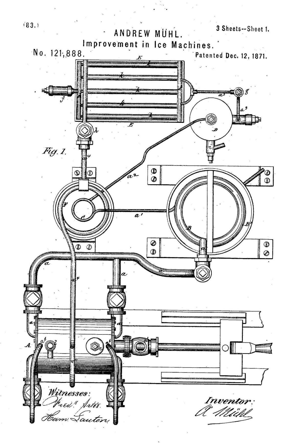 This drawing accompanied a patent application for Andrew Muhl’s ice-making machine.