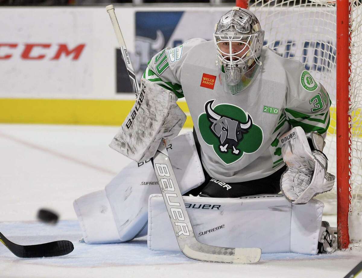 Rampage goaltender Spencer Martin watches the puck during the first period of an AHL game against the Iowa Wild, on Jan. 14, 2017, in San Antonio.