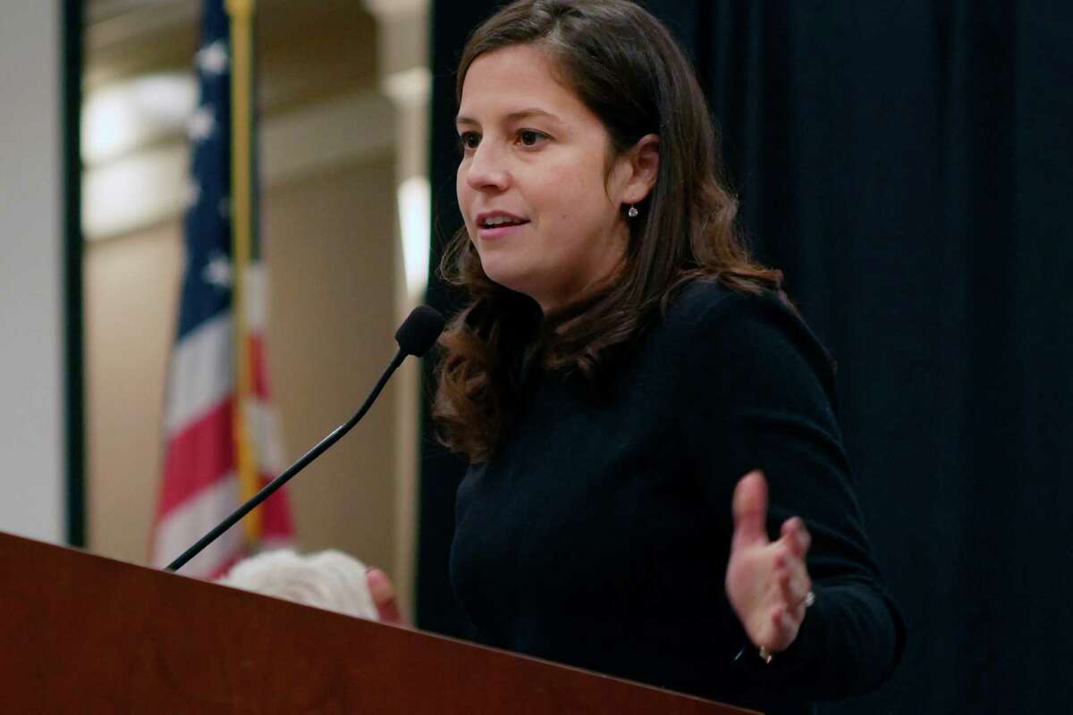Congresswoman Elise Stefanik addresses those gathered at the Conservative Party of New York State party conference on Sunday, Jan. 29, 2017, in Albany, N.Y. (Paul Buckowski / Times Union)