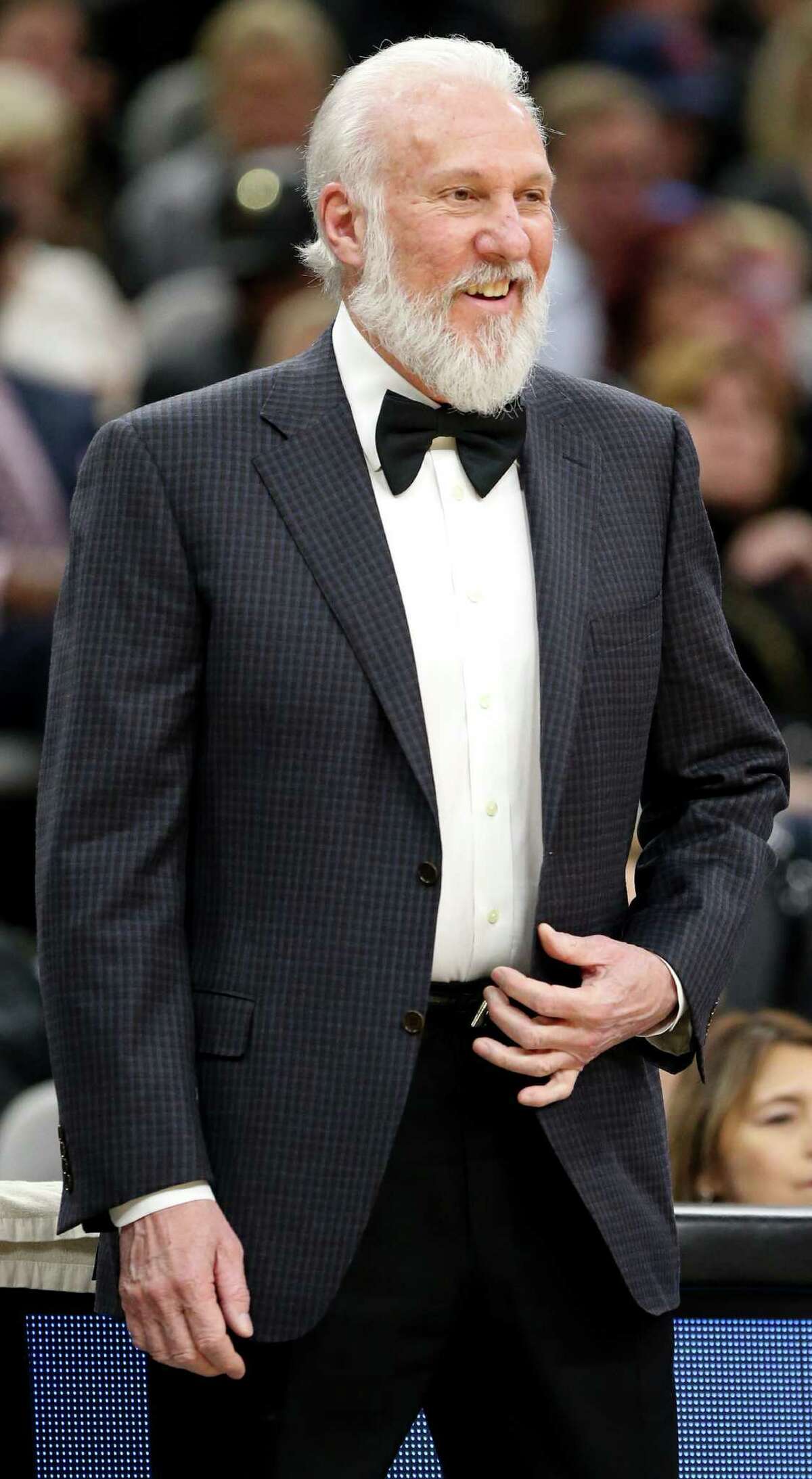 Spurs coach Gregg Popovich watches first half action against the Dallas Mavericks on Jan. 29, 2017 at the AT&T Center.