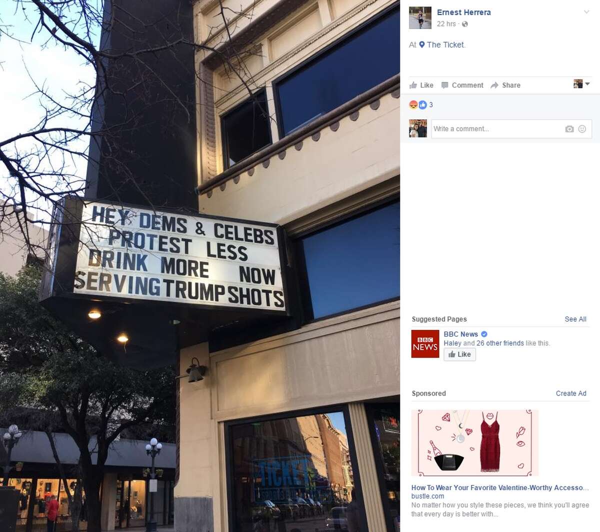 Ticket Sports Pub was on the receiving end of complaints after they began selling "Trump shots," as advertised on the marquee outside the downtown business Jan. 29, 2017.  
