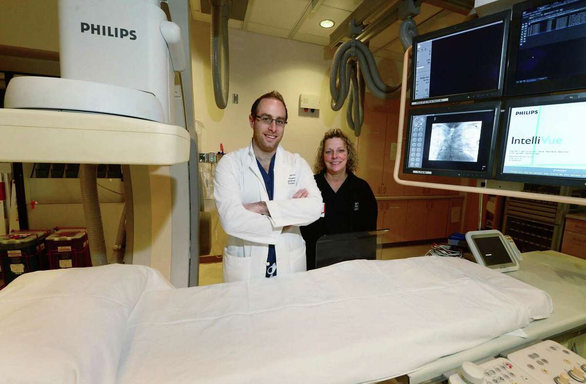 Neurosurgeon Dr. Joshua Marcus and Stroke Coordinator and Rapid Response Nurse Michelle Lecardo of the Endovascular Stroke Team Thursday, january 19, 2017 at Norwalk Hospital in Norwalk, Conn. The team successfully performed the first endovascular stroke procedure, an intra-arterial mechanical thrombectomy treatment for ischemic stroke. No other facility in the area offers this cutting-edge, minimally invasive treatment in the emergency management of patients with acute strokes.