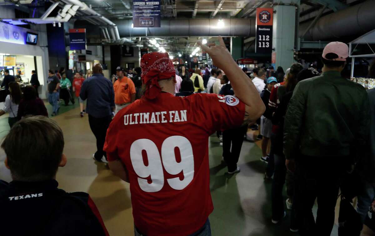 Houston Texans "Ultimate Fan" walks on the concourse during the Super Bowl Opening Night/Media Day at Minute Maid Park, Monday, January 30, 2017.