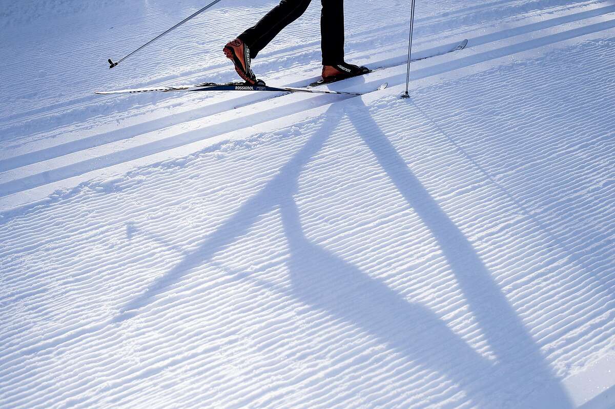 A cross country skier practices on a training track on Tuesday, Jan. 17, 2017 in Kirkwood, Calif.
