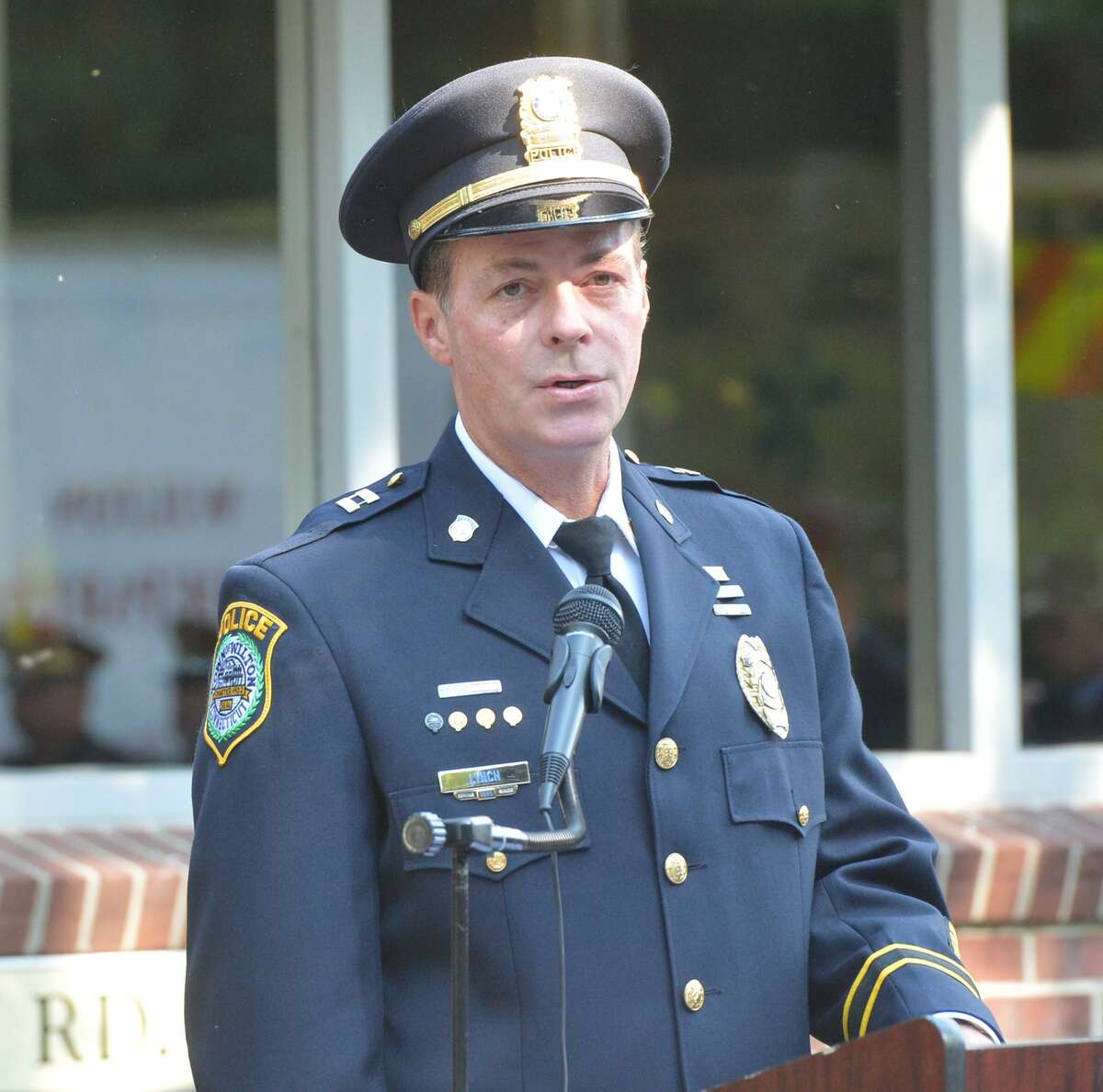 Capt. John Lynch speaks during the Wilton 15th Annual 9/11 Memorial Service held at Wilton.