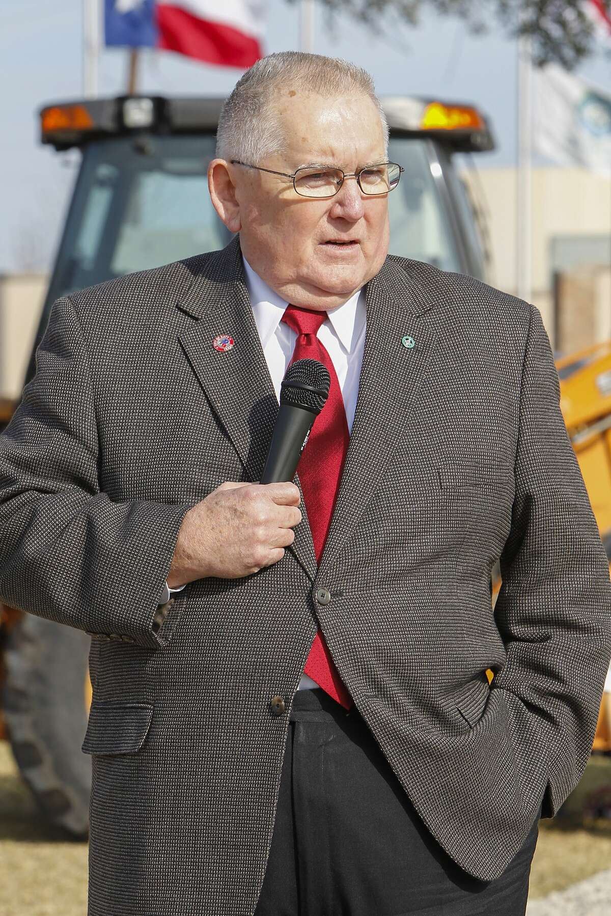 City of Katy Mayor Fabol Hughes addresses invited guests and dignitaries in front of the proposed construction site for the new Katy City Hall during the ceremonial groundbreaking in downtown Katy on January 15, 2015.