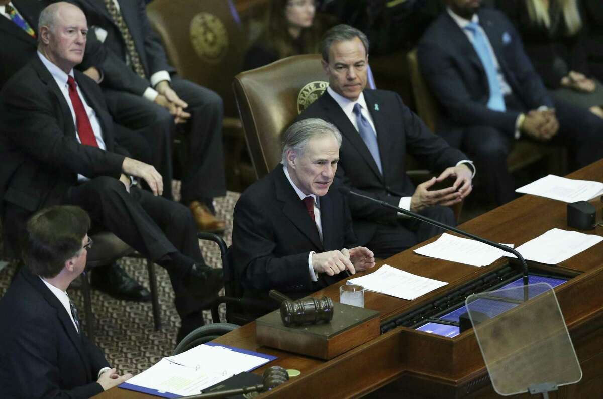 Governor Greg Abbott delivers the State of the State Address in the House Chamber of the Texas Capitol on January, 31, 2017. Lt. Governor Dan Patrick and Speaker of the House Joe Straus sit on the lecturn with the Governor.