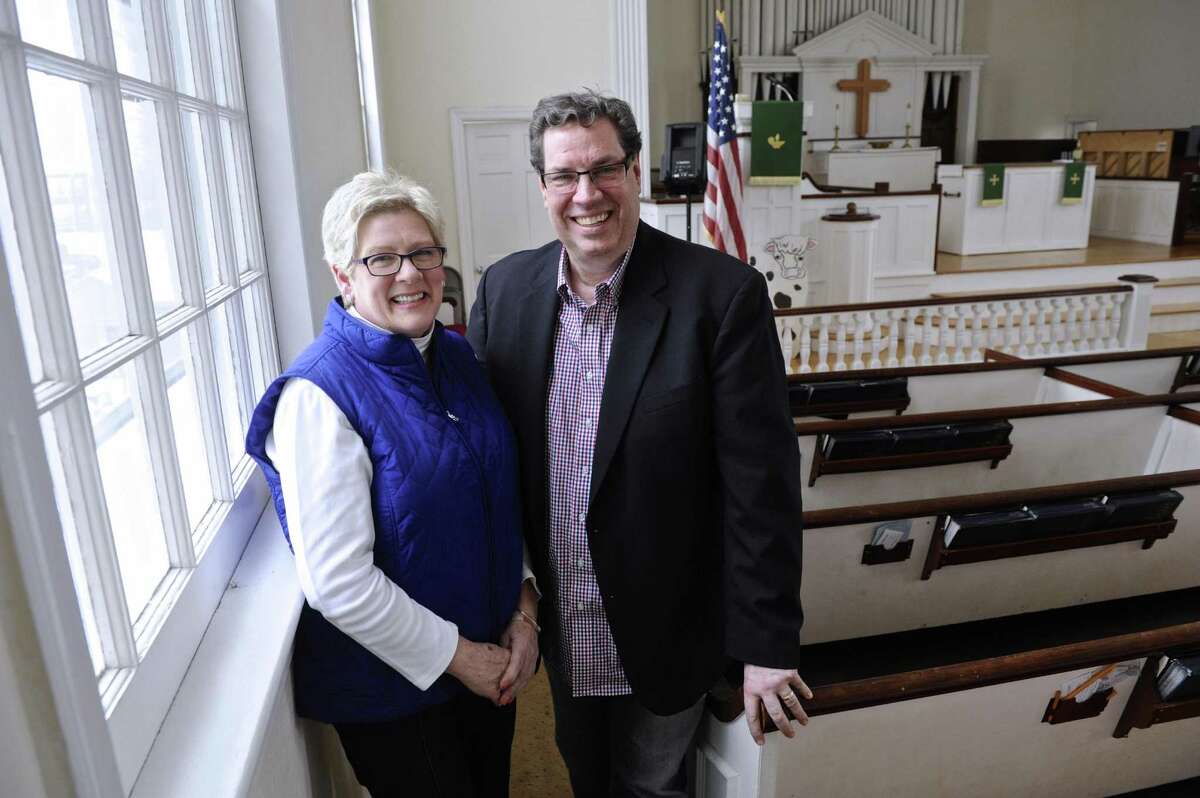 Jackie Penyak, of Danbury, and Pastor John Parille of the Bethel United Methodist Church are leading the churches fundraising to purchase chimes for the church. Tuesday, January 31, 2017, in Bethel, Conn.