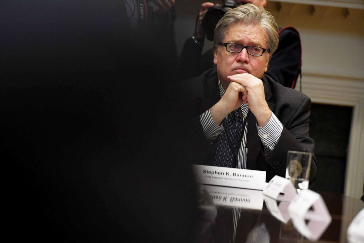 Stephen K. Bannon is seen as President Donald Trump meets with business leaders last week at the White House. MUST CREDIT: Washington Post photo by Matt McClain