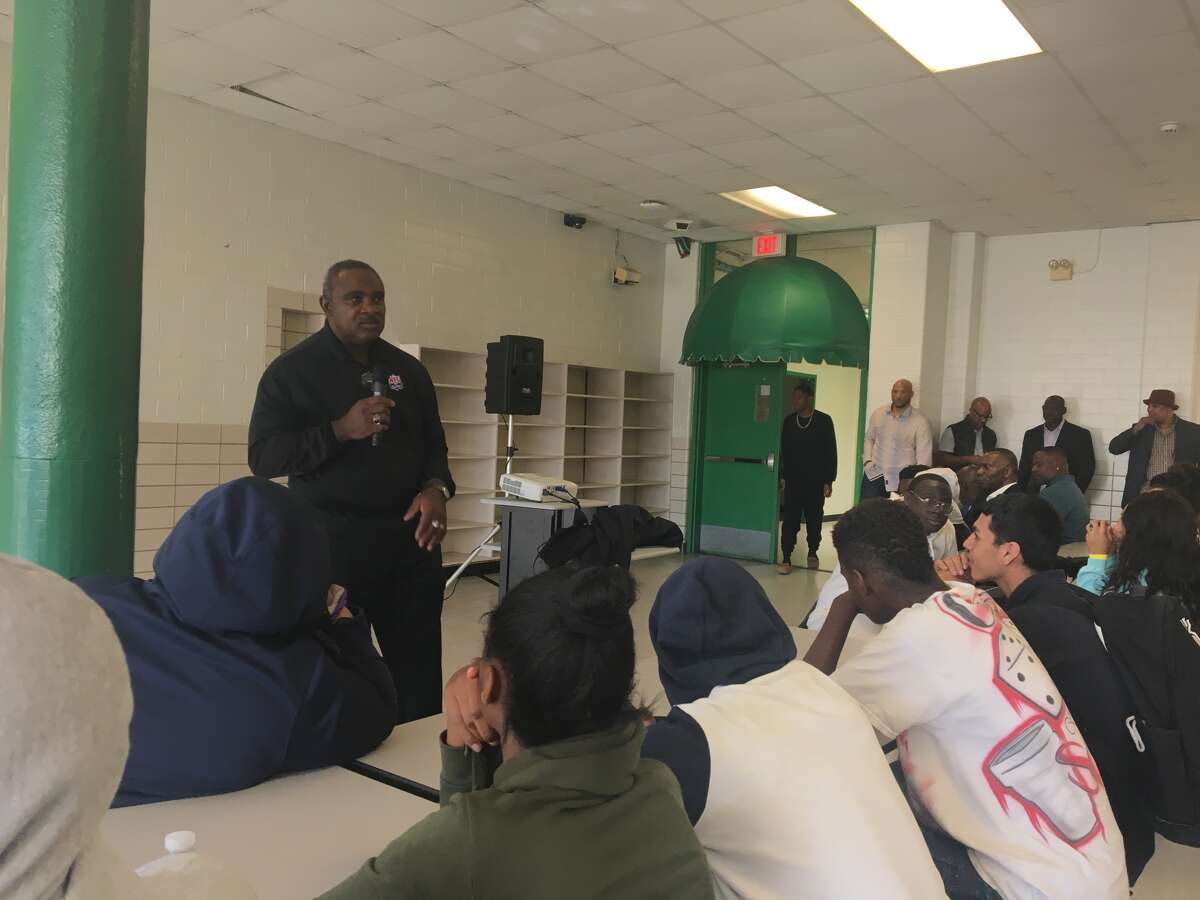 Michael Holmes, a former NFL player, was one of a handful of retired athletes who talked to students at Worthing High School about good decision making. 