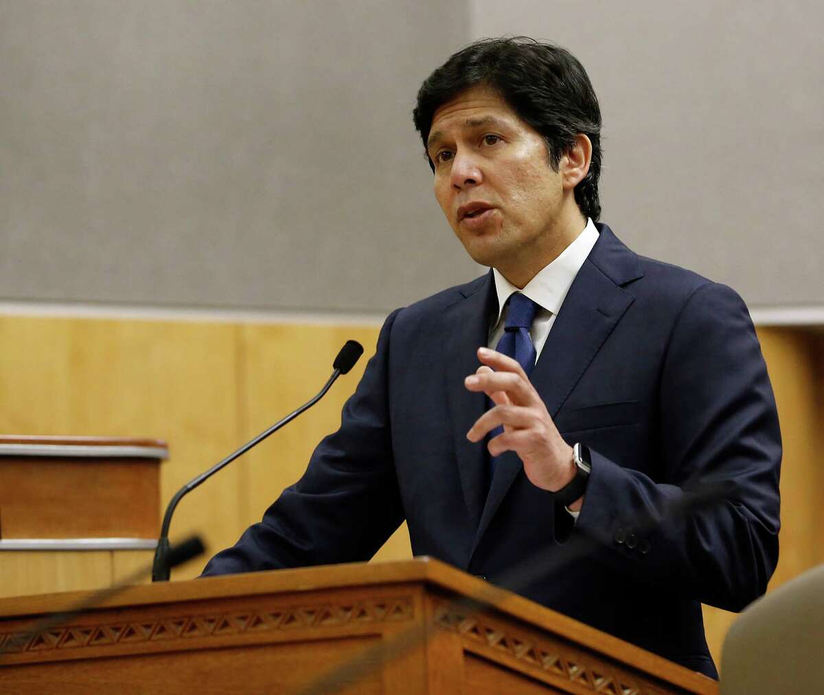FILE-- State Sen. President Pro Tem Kevin de Leon, D-Los Angeles, responds to a lawmakers question concerning his bill to prohibit local law enforcement from cooperating with federal immigration authorities during a hearing of the Senate Public Safety Committee, Tuesday, Jan. 31, 2017, in Sacramento. A federal judge upheld the core of California’s sanctuary laws Thursday, rejecting a Trump administration lawsuit that argued the state was violating U.S. law by restricting local cooperation with federal immigration agents.