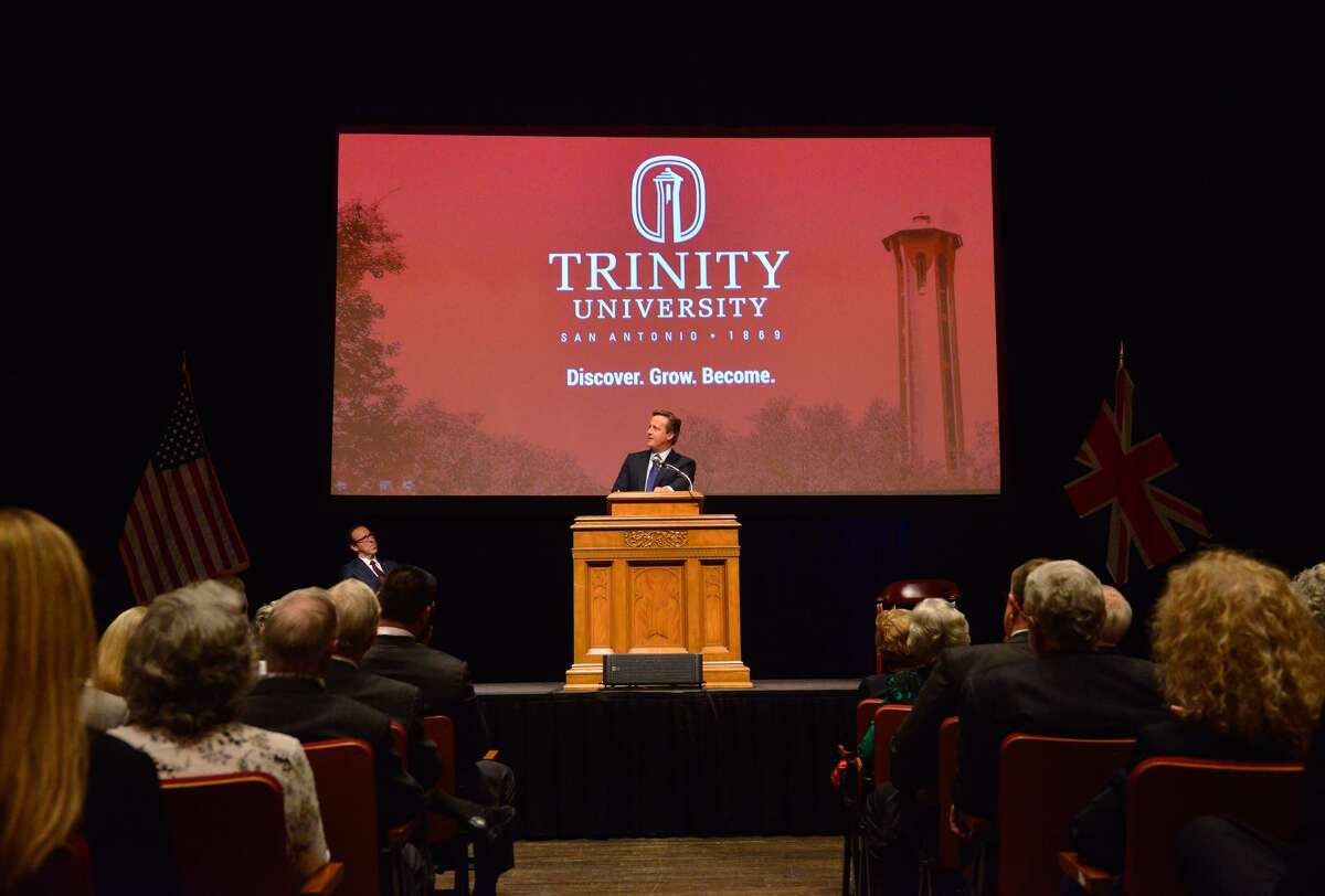 Former British Prime Minister David Cameron speaks at Trinitiy University's Laurie Auditorium Tuesday night. Cameron was Prime Minister from 2010 to 2016 and resigned after the UK vote to leave the European Union.