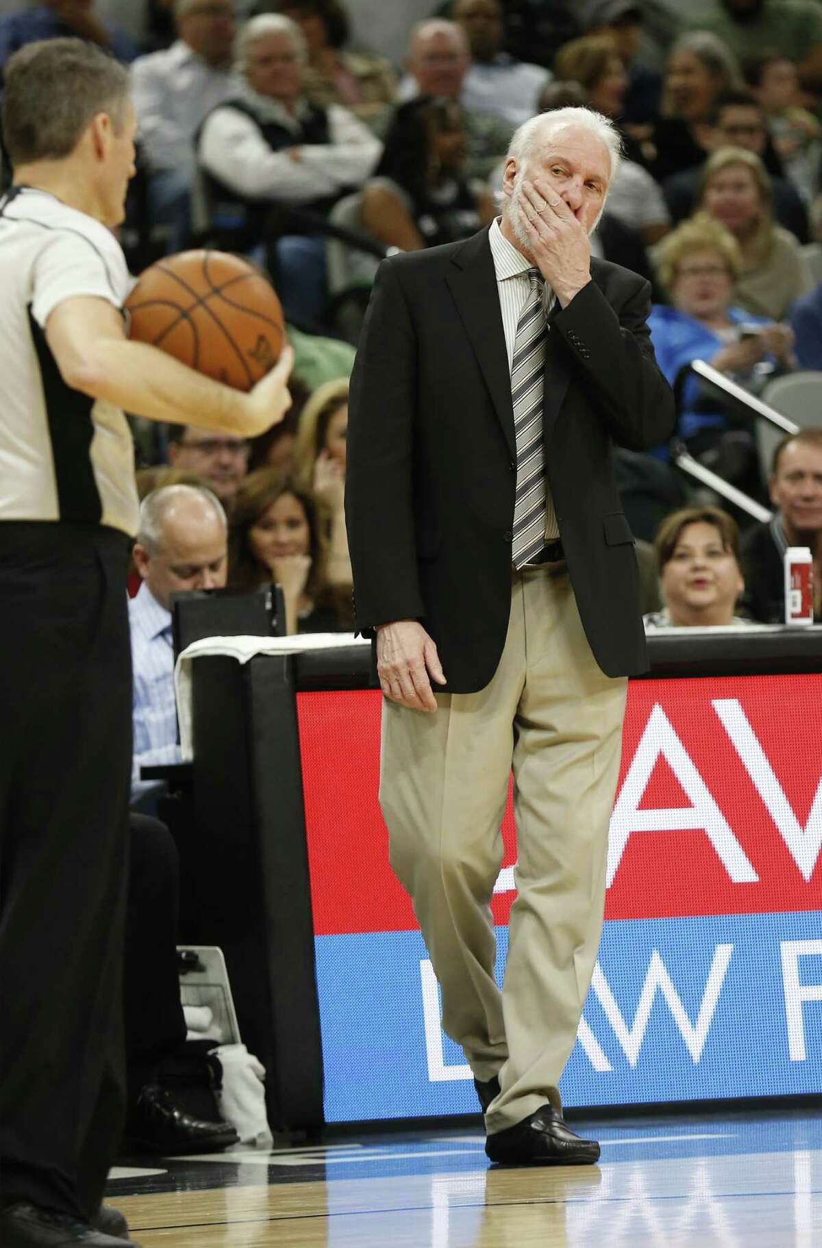 Spurs coach Gregg Popovich restrains himself from commenting during the game against the Oklahoma City Thunder at the AT&T Center on Jan. 31, 2017.