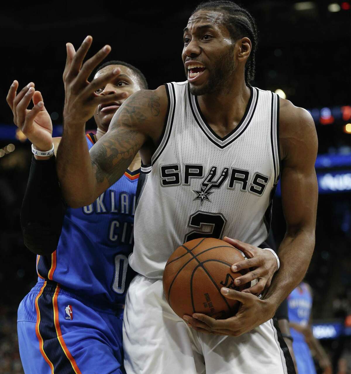 Spurs’ Kawhi Leonard pleads for a call against the Oklahoma City Thunder’s Russell Westbrook at the AT&T Center on Jan. 31, 2017.