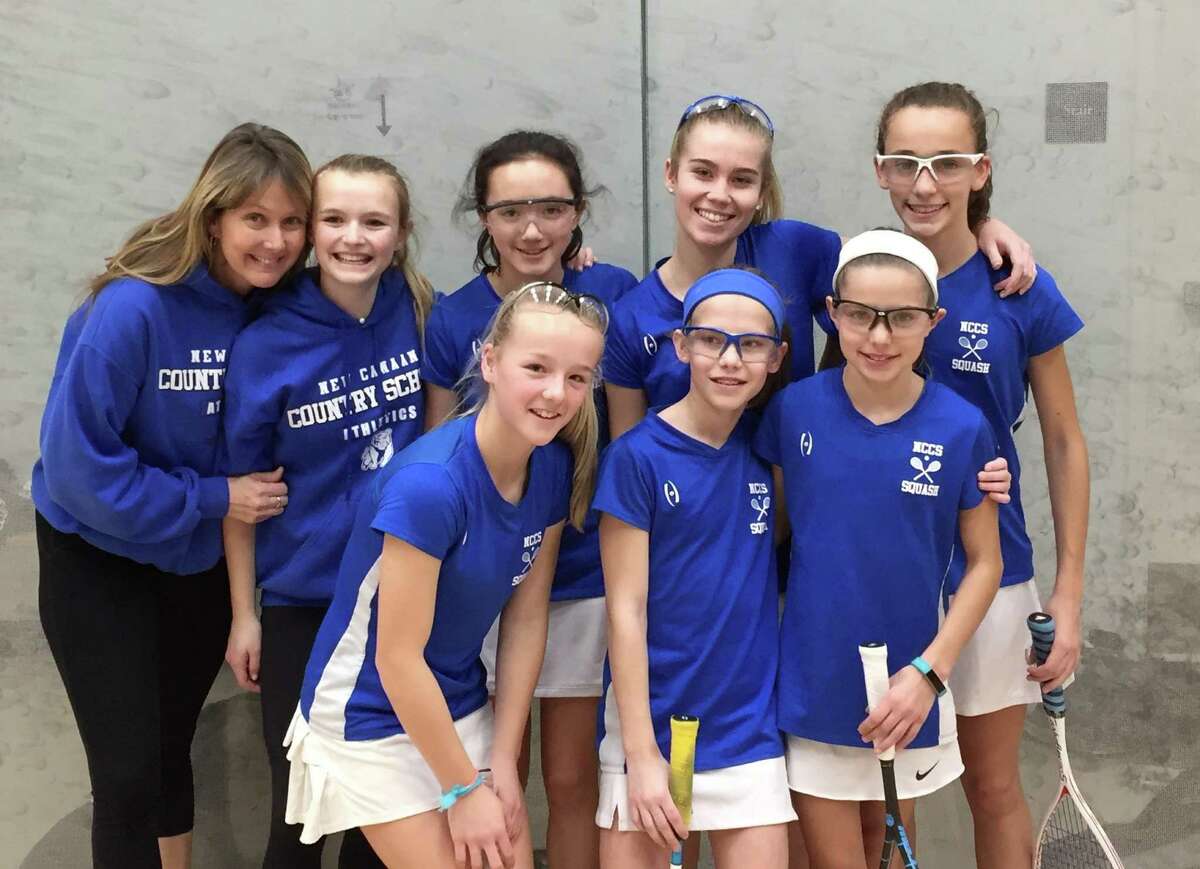 New Canaan Country School athletes who earned fifth place honors Jan. 27-29 at the 10th annual U.S. Middle School Team Squash Championships held at Yale University included: (front row from left) seventh grader Amanda Miller of New Canaan, sixth graders Maeve Baker & Cece Salvatore both of New Canaan; (in back row from left) Country School Coach Cynthia Badan, eighth grader and team captain Griffin Dewey of New Canaan, seventh grader Ella Schoonmaker of Darien, eighth grader Daly Baker of New Canaan and seventh grader Mary Duffy of Darien.