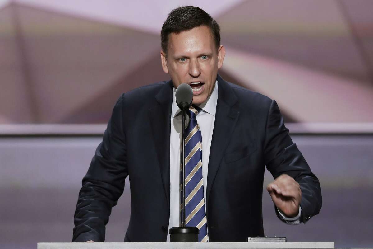 In this July 21, 2016, file photo, entrepreneur Peter Thiel speaks during the final day of the Republican National Convention in Cleveland. Thiel questioned the global push toward restricting carbon emissions as "group think" while speaking Tuesday at an international energy conference in Houston.