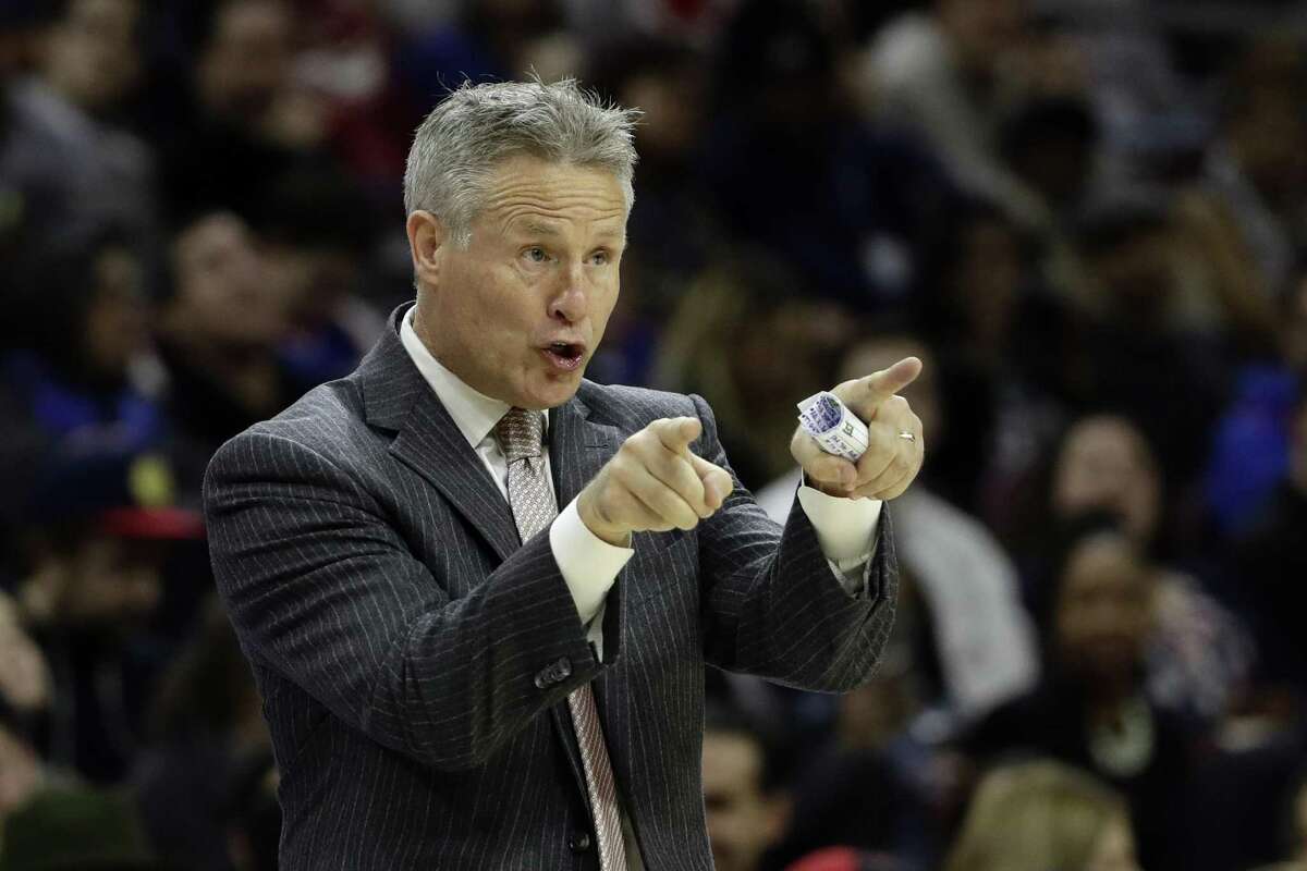 76ers coach Brett Brown directs his team during the second half against the Sacramento Kings on Jan. 30, 2017, in Philadelphia.