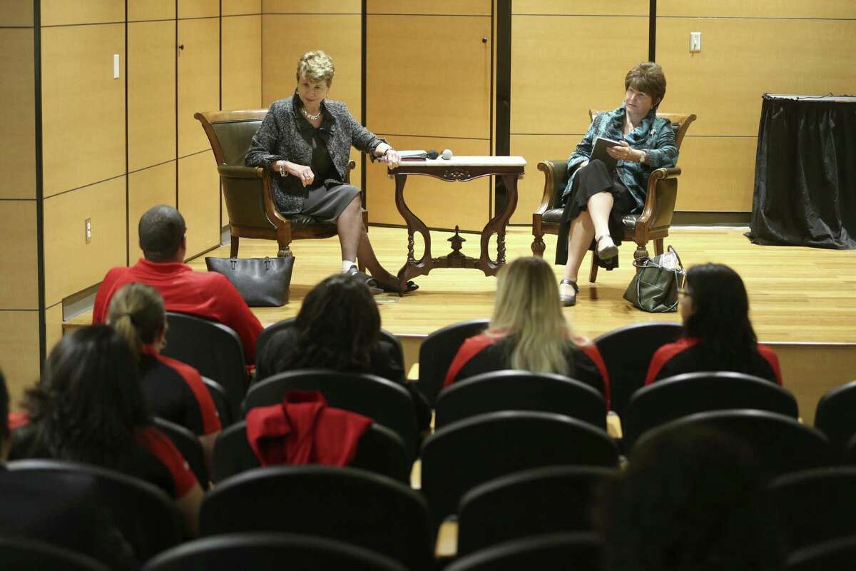 Presidential search consultant Ann Die Hasselmo, left, and Jessica Kozloff facilitate a discussion Wednesday, Feb. 1, 2017 on the University of the Incarnate Word campus about the search for a new president for the university during a forum sponsored by the student government association.