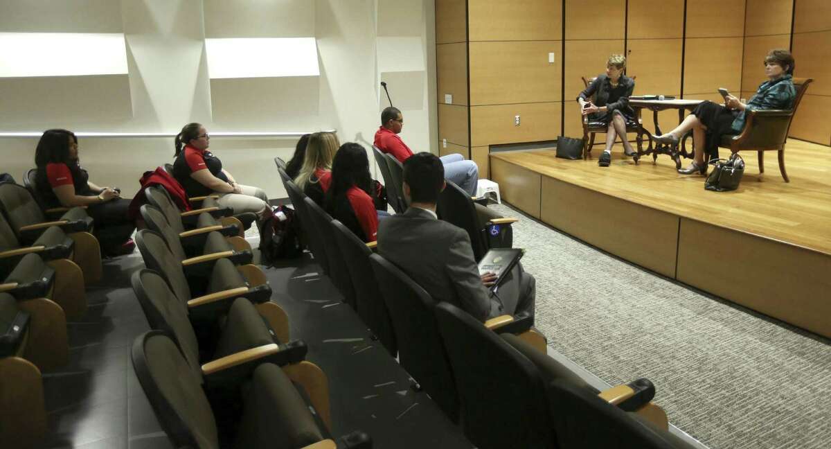 Presidential search consultant Ann Die Hasselmo, left on stage, and Jessica Kozloff facilitate a discussion Wednesday, Feb. 1, 2017 on the University of the Incarnate Word campus about the search for a new president for the university during a forum sponsored by the student government association.