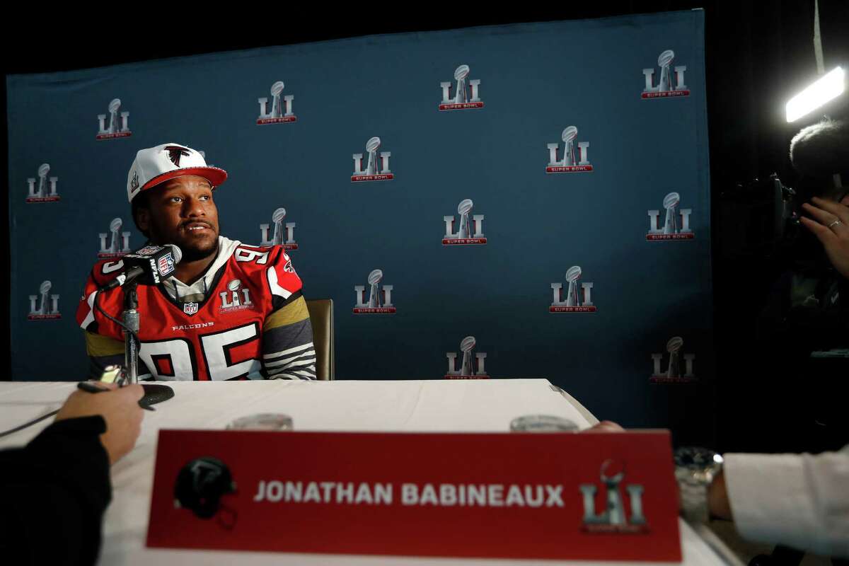 Atlanta Falcons defensive tackle Jonathan Babineaux (95) while being interviewed during the Falcons media availability at the Memorial City Ice Arena, Thursday, February 2, 2017.