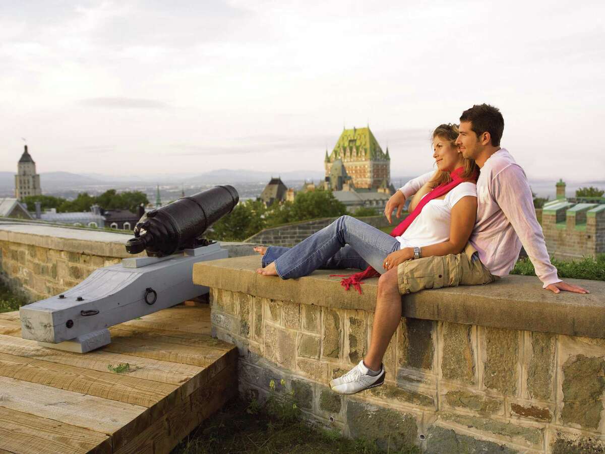 A couple enjoys the views from the Citadelle in Quebec City.