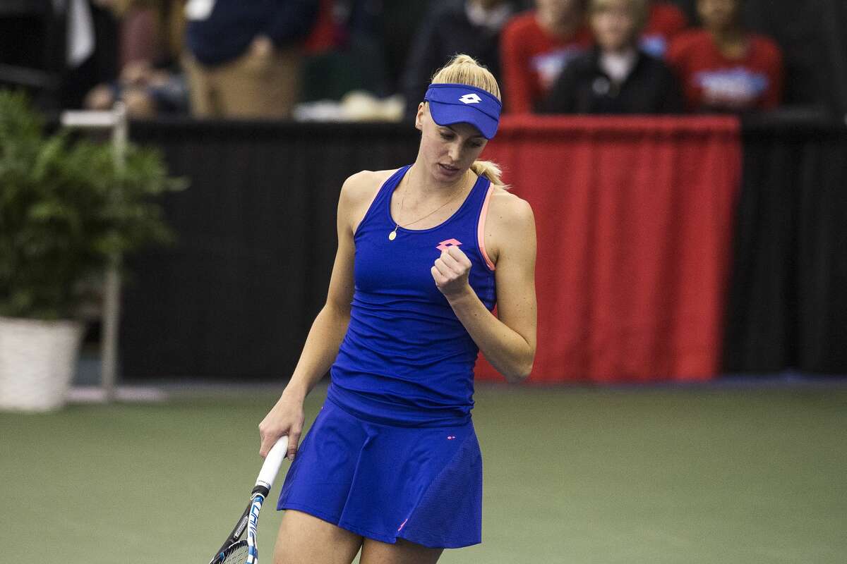 Naomi Broady celebrates scoring during the Dow Tennis Classic featured singles match on Thursday at the Greater Midland Tennis Center.