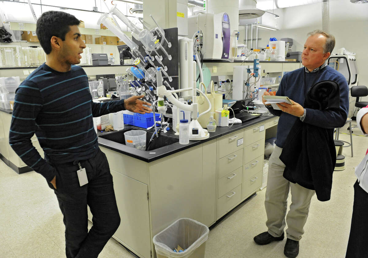 Times Union reporter Paul Grondahl, right, interviews Nanoscience student Rajan Kumar at Nanoscience lab on Dec. 20, 2012 in Albany N.Y. (Lori Van Buren / Times Union)
