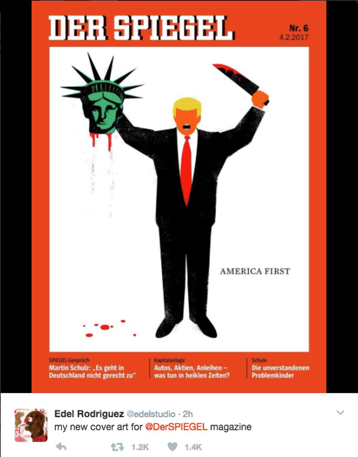 This week, several magazine cover's paint a dark picture of President Trump's first two weeks in office. Above is a cover from the German magazine The Mirror, which features President Trump decapitating the Statue of Liberty.