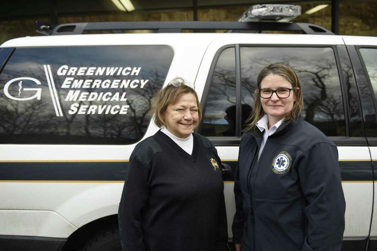 Outgoing Greenwich Emergency Medical Service (GEMS) Executive Director Charlee Tufts, left, poses beside new Executive Director Tracy Schietinger at the GEMS headquarters in the Riverside section of Greenwich, Conn. Thursday, Jan. 26, 2017. Tufts, the only Executive Director in GEMS history, is retiring and passing the torch to Schietinger.