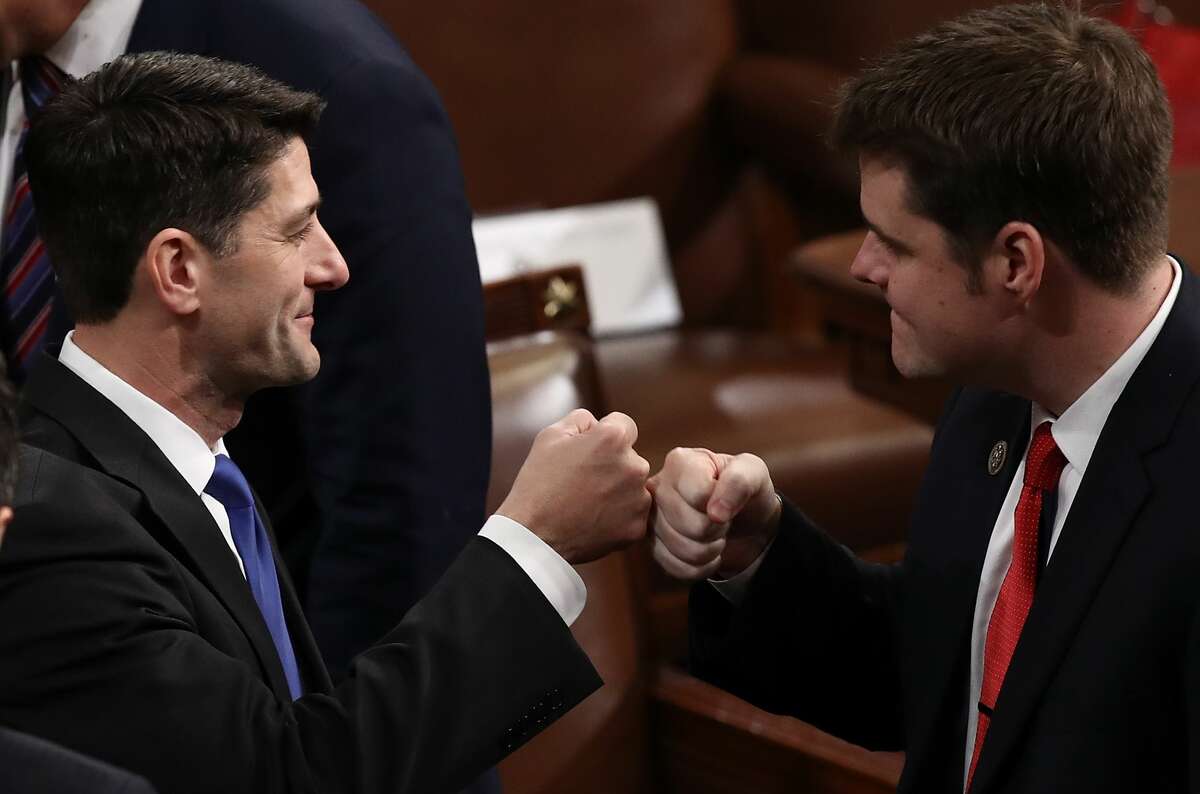 Speaker of the House Paul Ryan (R-WI) gets a "fist bump" from fellow member of the House of Representatives Matt Gaetz (R-FL) after Ryan was re-elected January 3, 2017 in Washington, DC. Gaetz submitted a bill to the Committee on Natural Resources that would seek to eliminate the Environmental Protection Agency by the end of 2018.